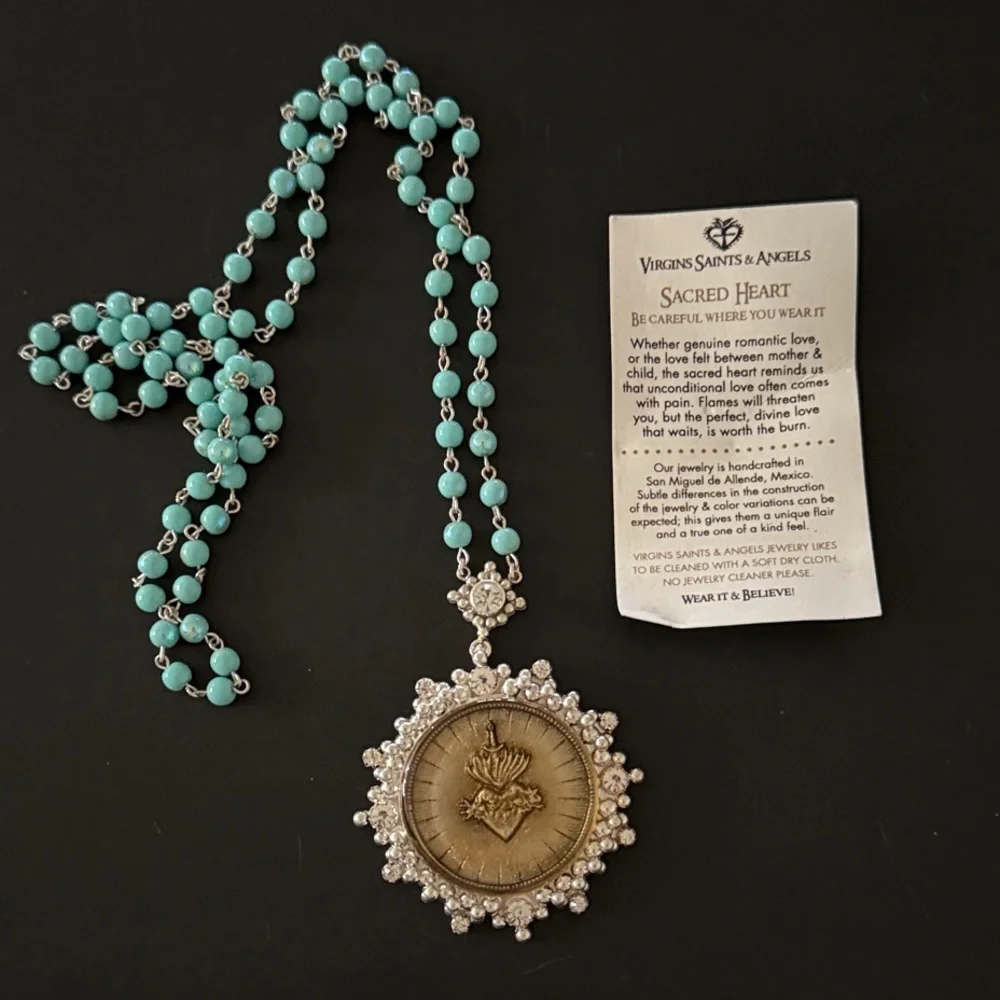 VSA CLOISTER SACRED HEART NECKLACE 4MM TURQUOISE BEADS - NWT - Picture 11 of 12